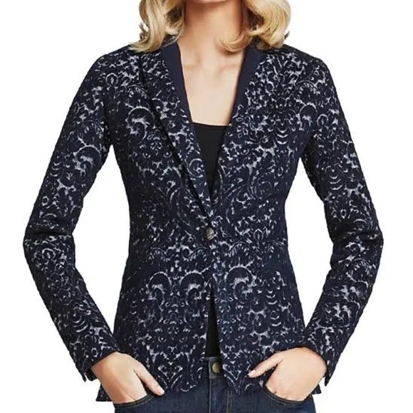Cabi Wool Blend Jacquard Navy and Gray Jacket size 12 - Picture 3 of 16